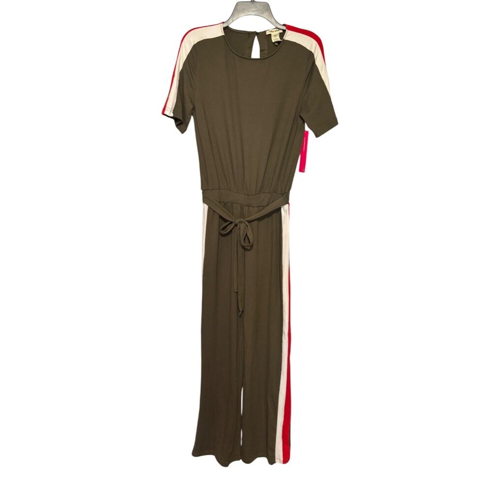 Shosho‎ Jumpsuit Small Olive Green Red/White Side Stripes Elastic Waist Tie Belt